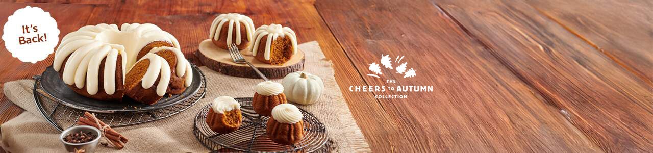 Pumpkin Spice flavor bundt cake, bundtlets, and bundtinis on table -- Cheers to Autumn Collection
