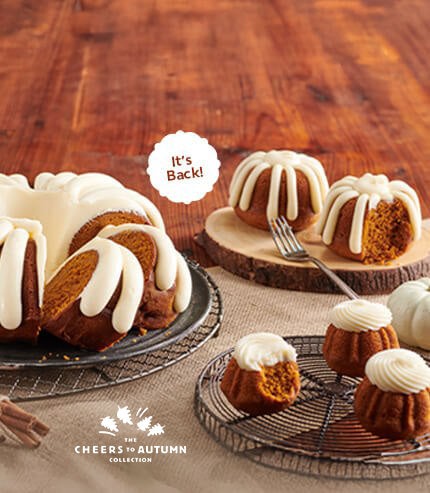 Pumpkin Spice flavor bundt cake, bundtlets, and bundtinis on table -- Cheers to Autumn Collection