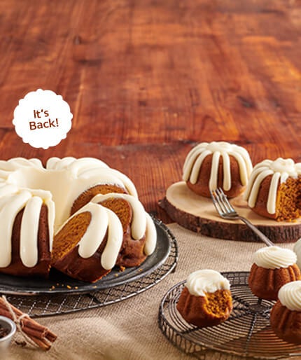Pumpkin Spice Featured Flavor in all sizes Bundtlet, Bundtinis (mini bite size) and large 8 and 10 inch cakes crowned with our signature frosting -- Limited Time