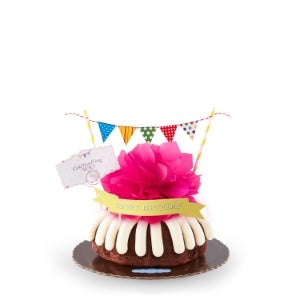 8 inch Bundt cake with pink bow, message card, and banner