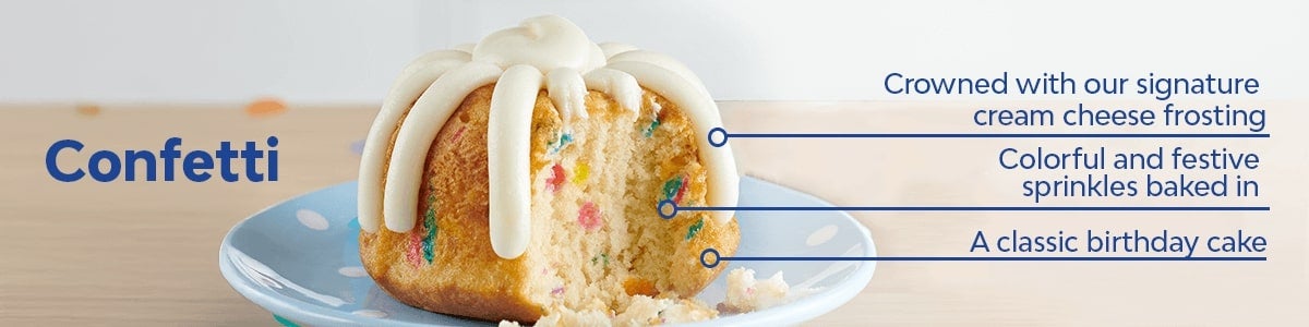 A classic birthday cake, Colorful and festive sprinkles baked in, Crowned with our signature cream cheese frosting