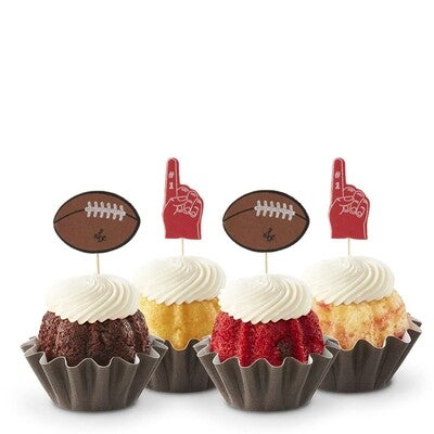 Miniature bite sized Bundtinis crowner with cream cheese frosting, with football and foam finger toppers. Customize your flavor -- Shop now.
