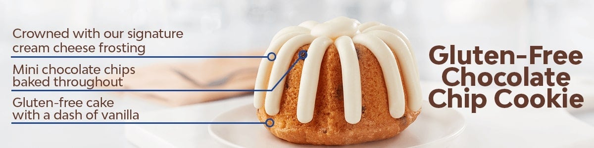 Gluten-free cake with a dash of vanilla, Mini chocolate chips baked throughout, Crowned with our signature cream cheese frosting