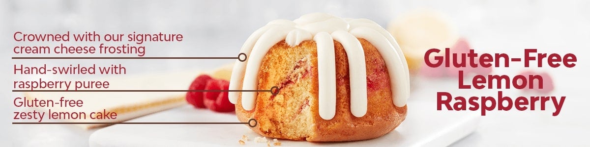 Gluten-free zesty lemon cake, Hand-swirled with raspberry puree, Crowned with our signature cream cheese frosting