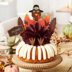 A large bundt cake with a chocolate colored bow in the center and a whimsical turkey cutout with 5 Gratitude Feathers. 