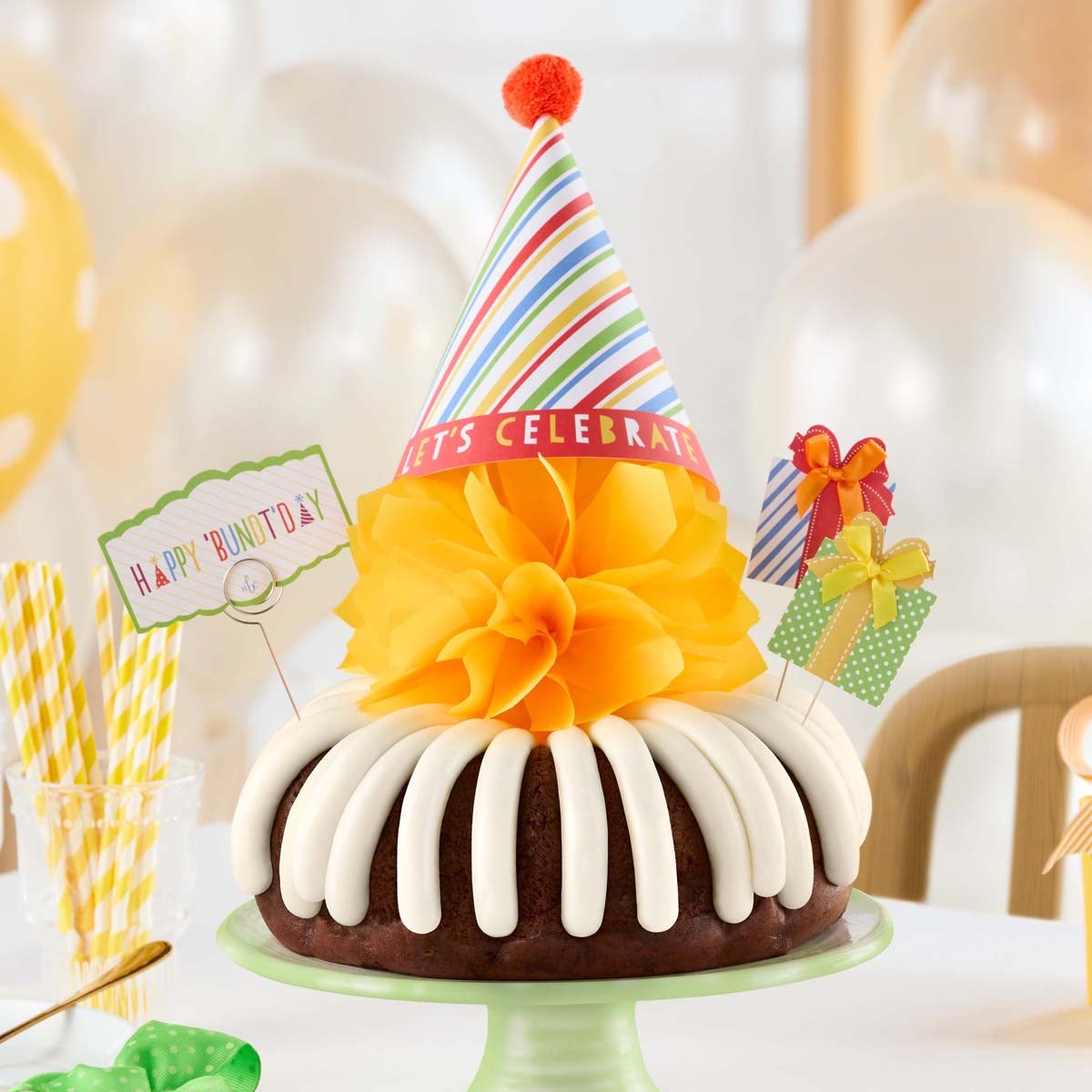 8 inch Bundt Cake with birthday hat decoration, box and card