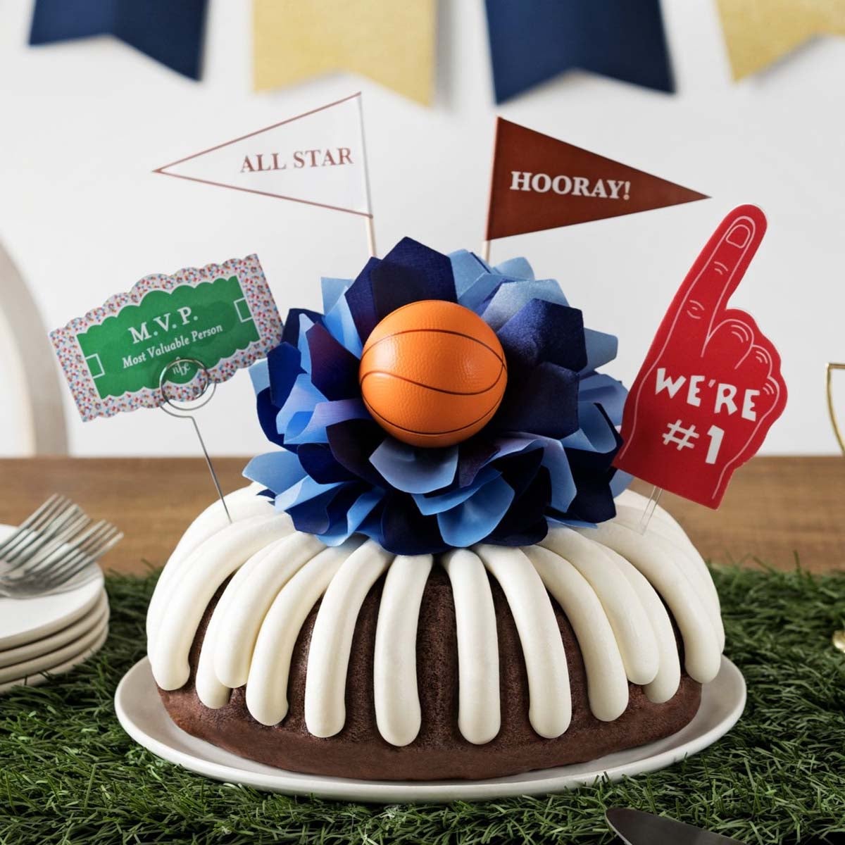 8 inch Bundt Cake with basketball and foam hand decoration and card