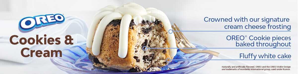 OREO® Cookie pieces baked throughout, Fluffy white cake, Crowned with our signature cream cheese frosting. Naturally and artificially flavored. OREO® and the OREO® Wafer Design are trademarks of Mondelēz International group, used under license.