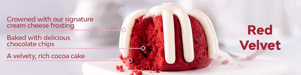 A velvety, rich cocoa cake, Baked with delicious chocolate chips, Crowned with our signature cream cheese frosting