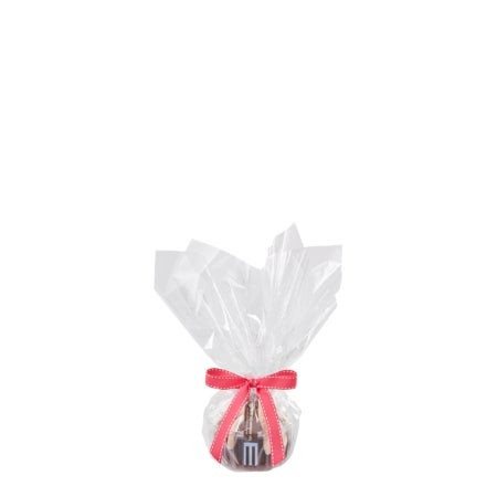 Single Bundtlet Tower wrapped in clear cellophane with pink ribbon bow for gifting and special occasions.