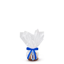 One individually packaged Touchdown Made With SNICKERS® Bundtlet gift wrapped in cellophane with a blue stitched ribbon.