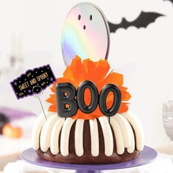 Chocolate Chocolate Chip Bundt Cake with holographic ghost deco