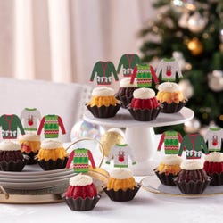 Last Chance! Each Bundtini® is adorned with a festive holiday topper made up of different ugly Christmas sweaters. 