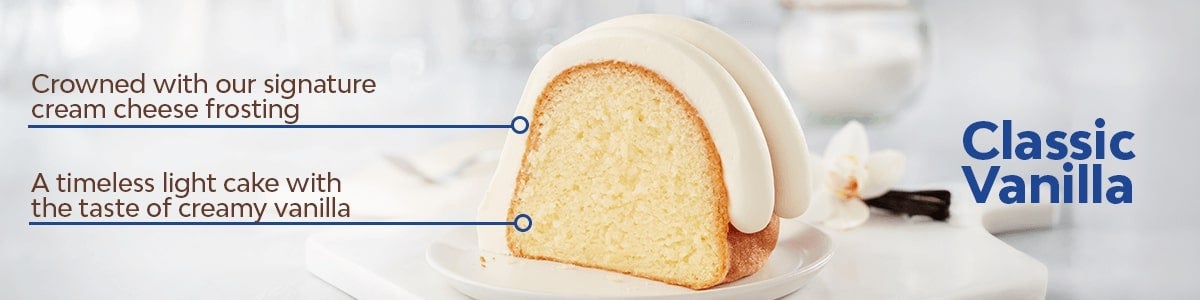 A timeless light cake with the taste of creamy vanilla, Crowned with our signature cream cheese frosting