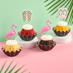 Mini bundt cakes decorated with a topper: from left to right